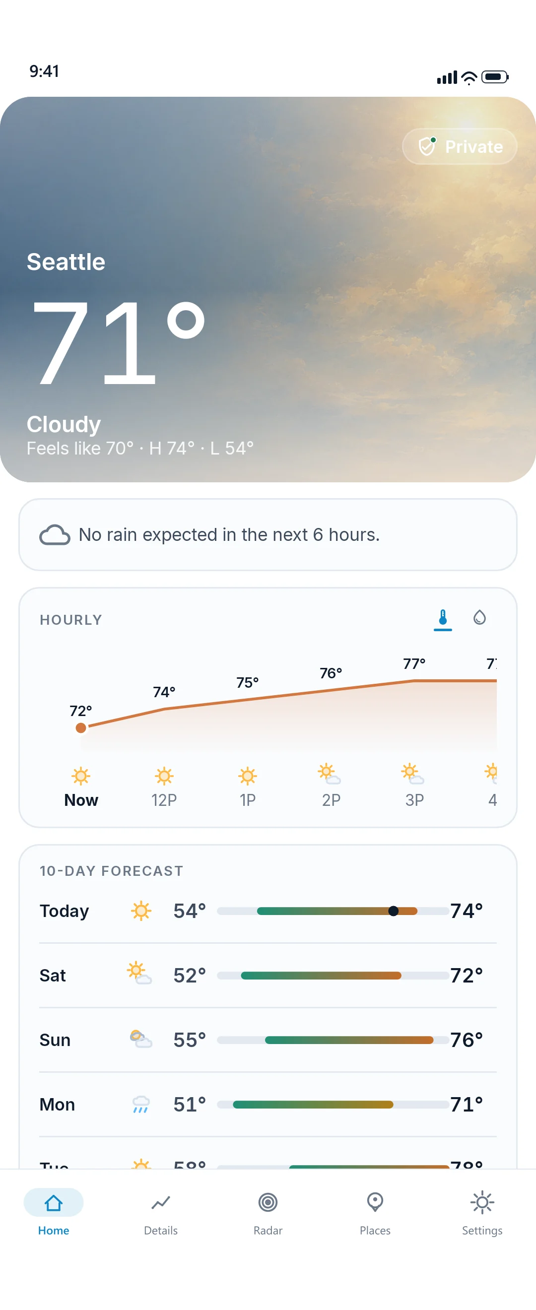 Quiet Sky home screen showing Seattle, 71 degrees and Cloudy over a painterly sky, with a Private shield chip and a no-rain-in-6-hours note.