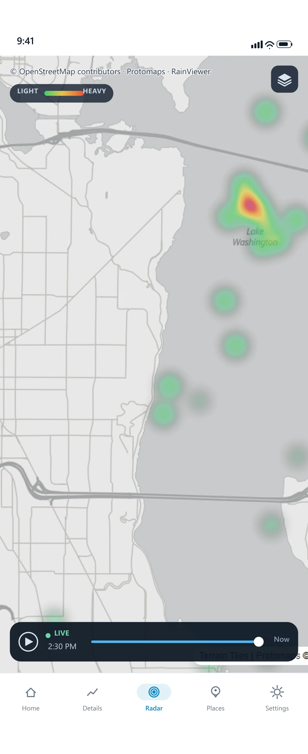 Map-first radar over the Puget Sound with a time scrubber.